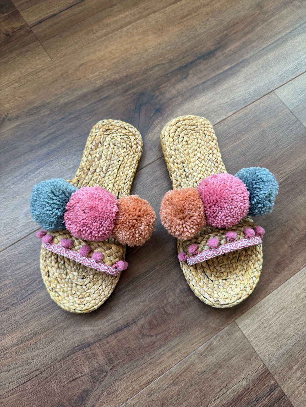 Made in Thailand Woven Slide Sandals with Pink, Orange & Blue Pom Poms